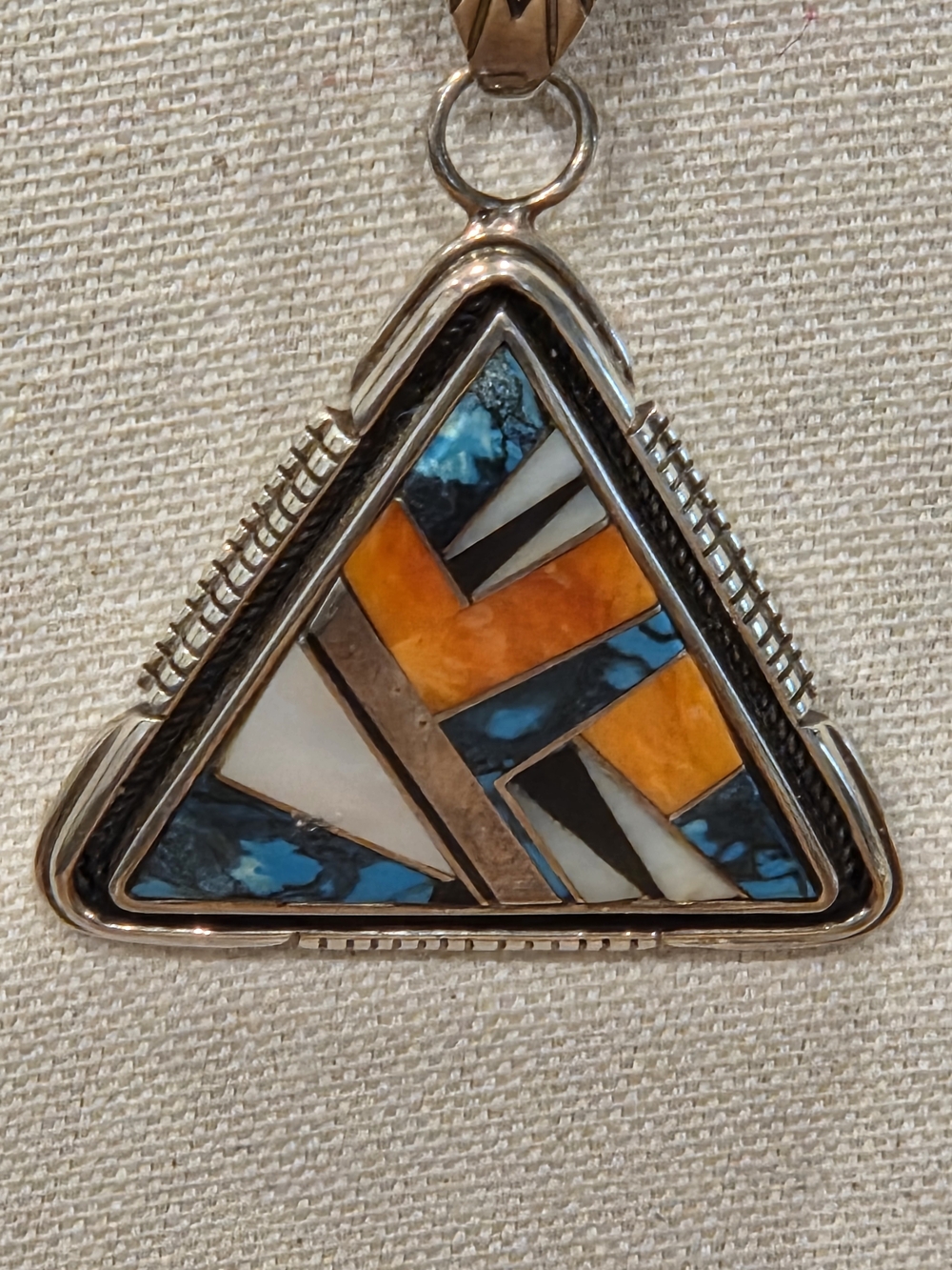Navajo Signed Melissa Yazzie Inlay Pendant - Turquoise, Spiney Oyster, Onyz, MOP